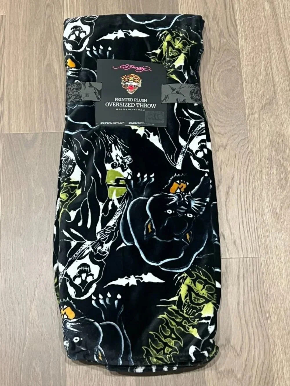 ED HARDY Black Plush Throw Blanket 60x70 Y2K Tattoo Panther Grim Reaper Bats NWT